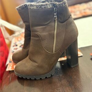 JustFab Dark Brown Heeled Boots with Knit Cuff